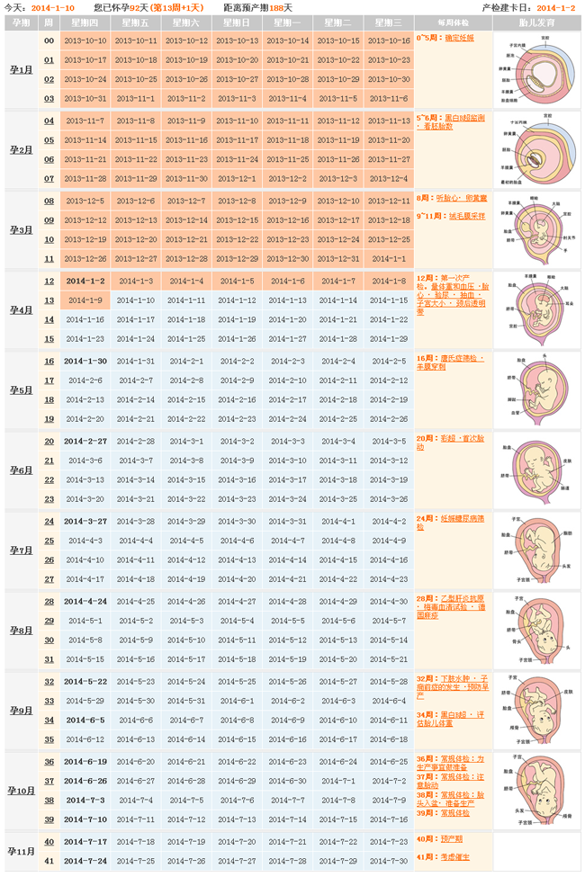 孕期月份与周数对照表图片